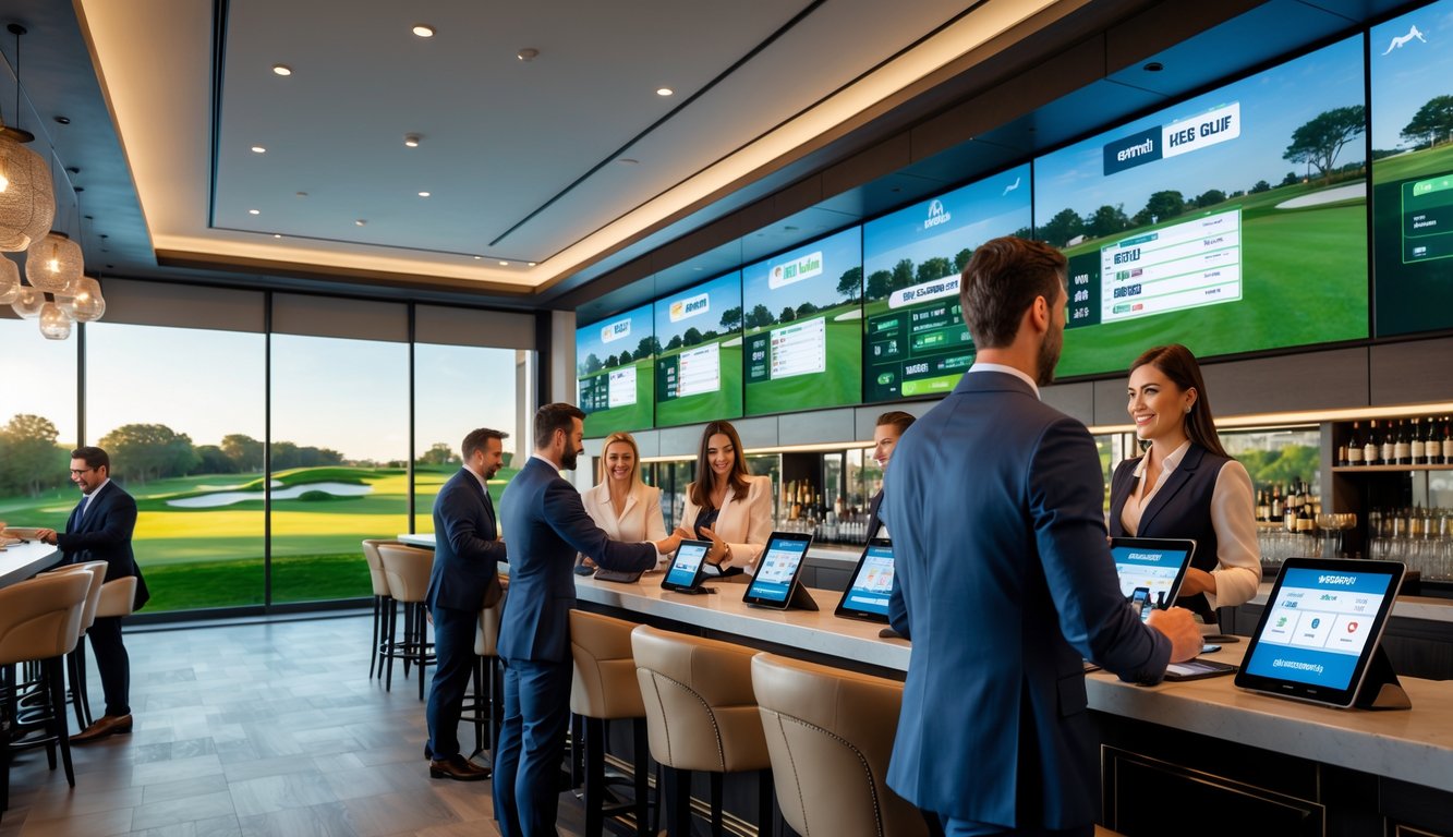 Orang-orang di lounge taruhan golf modern dengan layar besar menampilkan turnamen golf dan pemandangan lapangan golf di luar jendela.