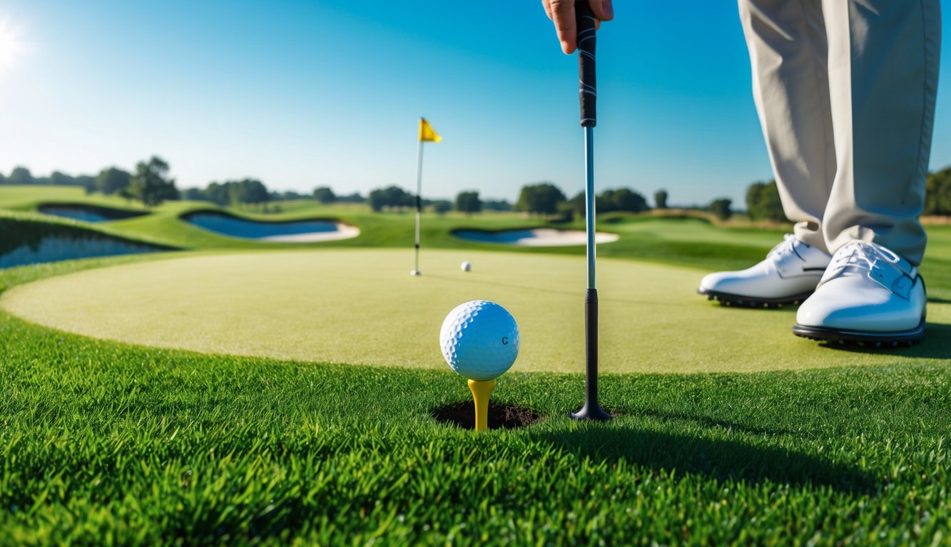 Tangan pemain golf memegang bola golf di atas rumput hijau di lapangan golf dengan bendera dan bunker di latar belakang.