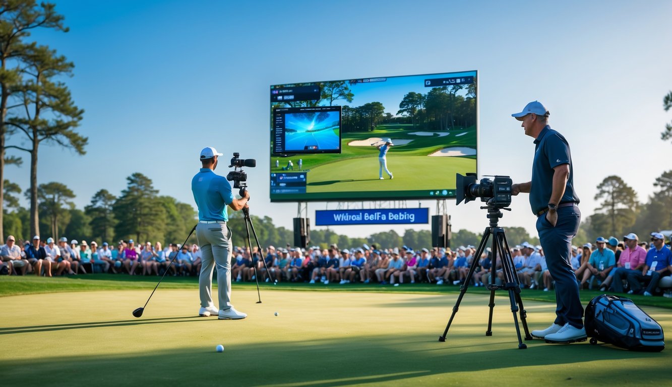 Seorang pegolf sedang mengayunkan tongkat golf di lapangan dengan kamera profesional merekam dan layar besar menampilkan siaran langsung pertandingan golf.