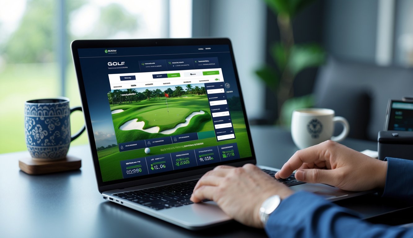 Seseorang menggunakan laptop di meja kerja dengan tampilan situs taruhan golf online, di latar belakang terdapat elemen dekorasi khas Indonesia.