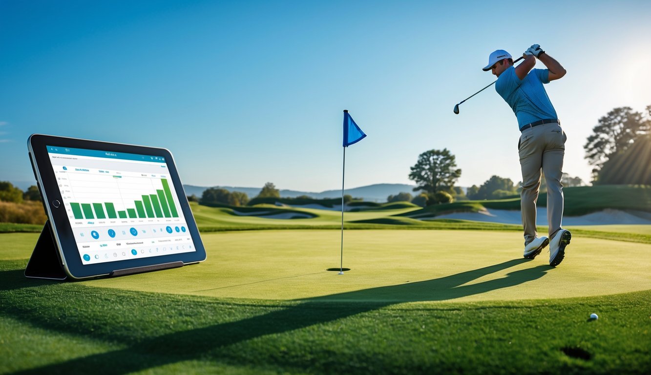 Seorang pemain golf sedang mengayunkan tongkat golf di lapangan hijau dengan tablet yang menampilkan data prediksi golf.