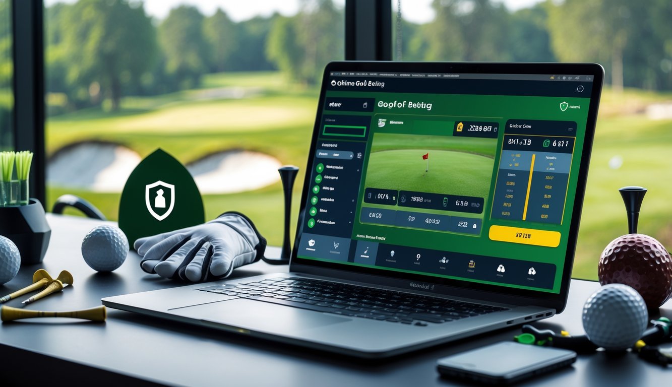 Seorang pria menggunakan laptop di meja kerja dengan perlengkapan golf di sekitar, menampilkan antarmuka taruhan golf online yang aman.