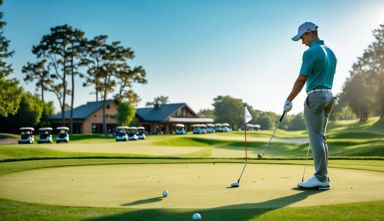 Seorang pemain golf sedang bersiap memukul bola di lapangan golf yang hijau dan terawat dengan latar belakang pepohonan dan langit biru.