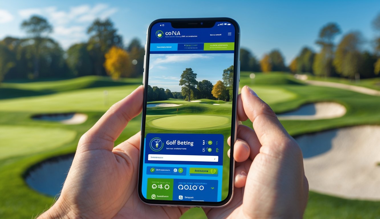 Seseorang memegang ponsel dengan tampilan situs taruhan golf di latar belakang lapangan golf hijau.