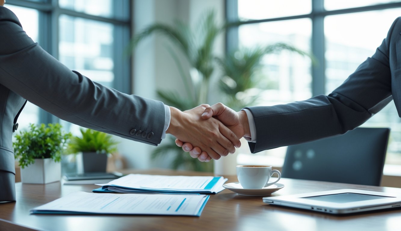Dua profesional berjabat tangan di kantor modern dengan meja kayu dan cahaya alami.