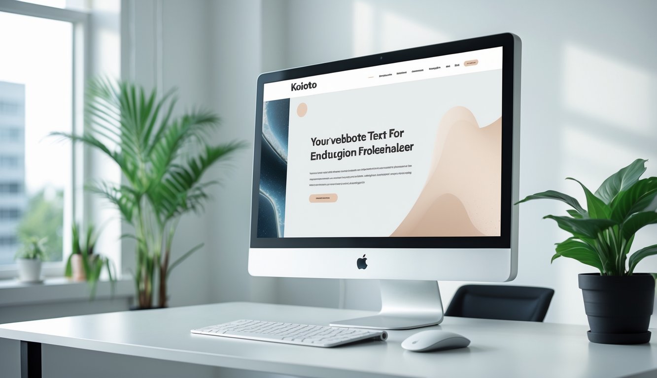 Sebuah layar komputer di meja kantor yang rapi menampilkan halaman depan situs web dengan desain modern dan minimalis.
