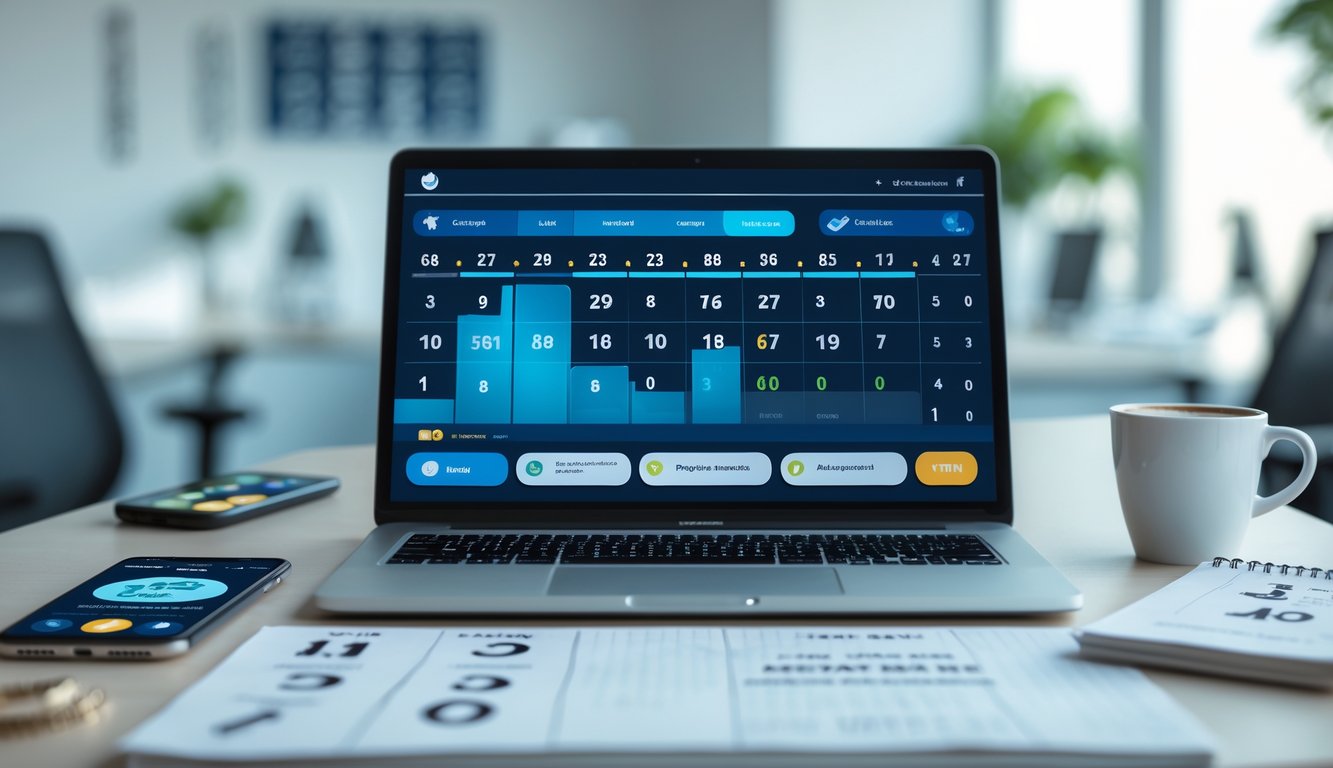 Sebuah meja kerja dengan laptop yang menampilkan antarmuka lotre digital dan smartphone di sampingnya, suasana kantor yang bersih dan terang.