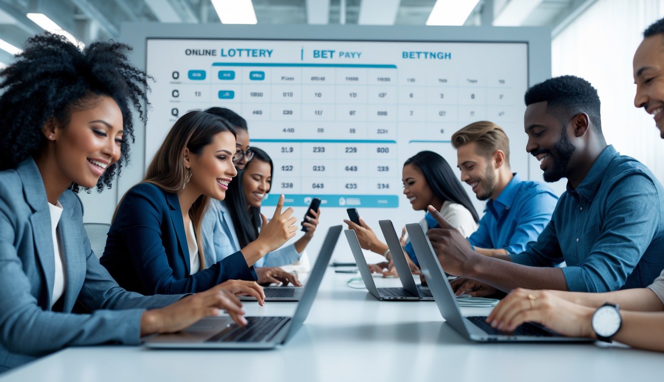 Orang-orang menggunakan laptop dan ponsel di kantor modern dengan suasana fokus dan antusias.