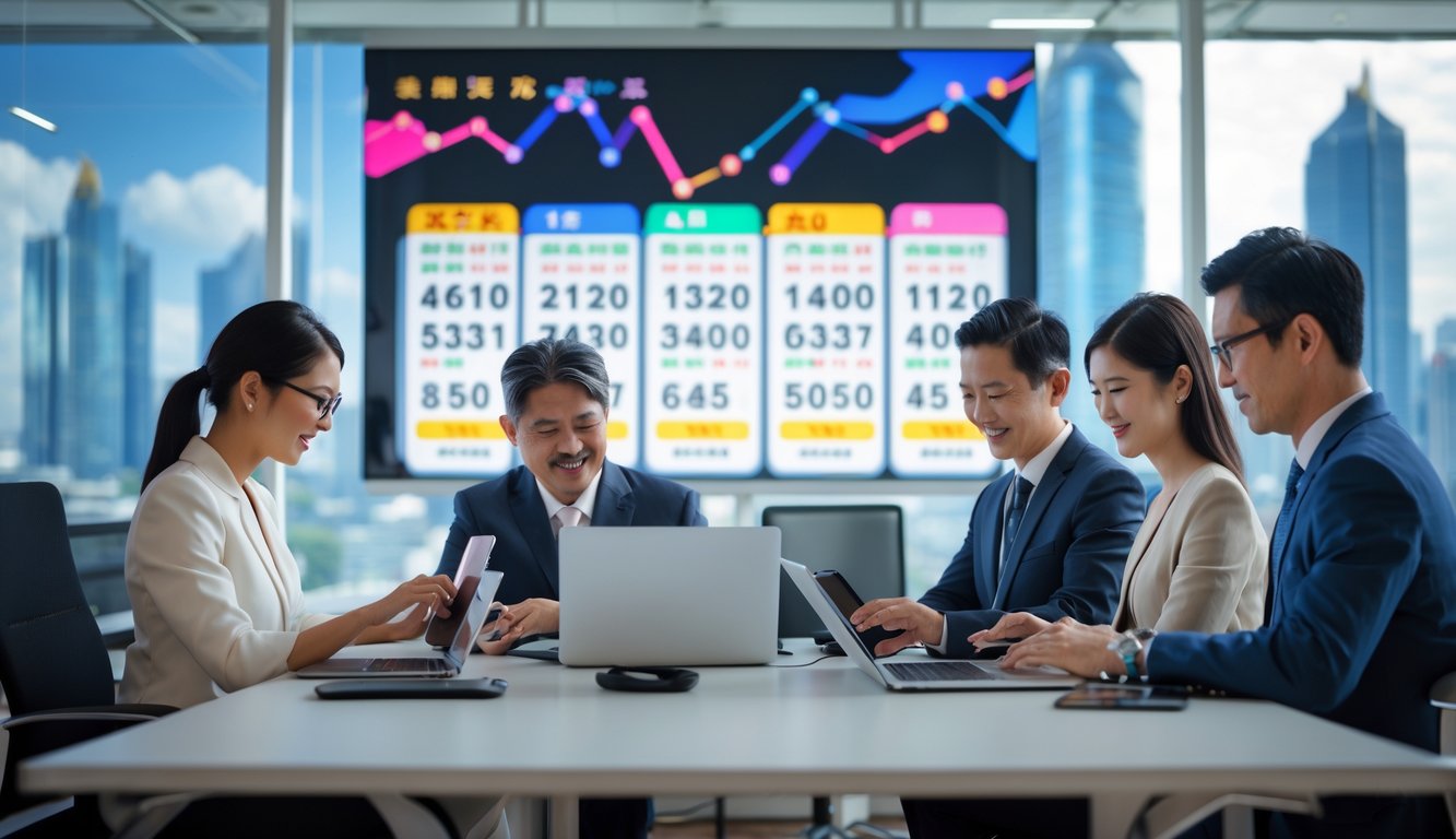 Orang-orang menggunakan perangkat digital di kantor modern dengan pemandangan kota Macau di latar belakang.
