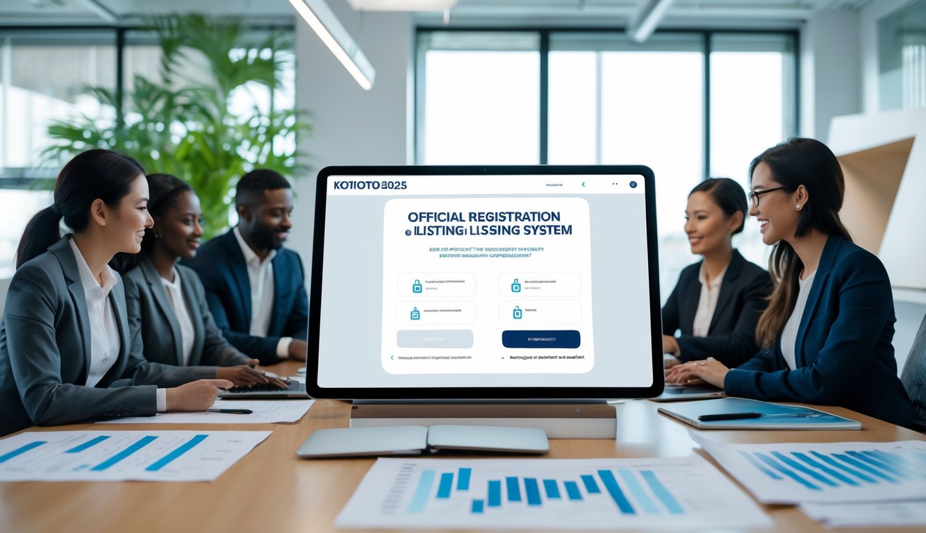 Sekelompok profesional bekerja bersama di ruang kantor modern dengan perangkat digital yang menampilkan antarmuka pendaftaran resmi.