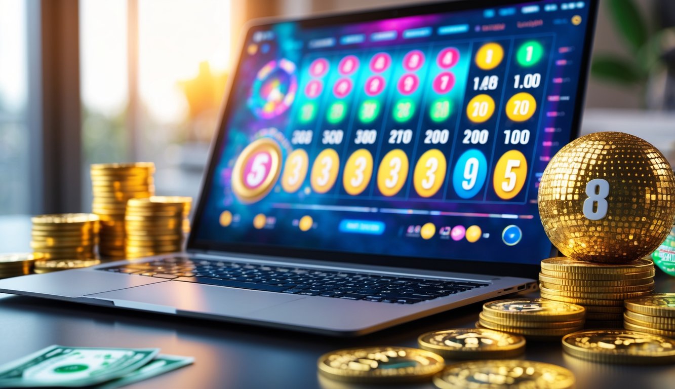 Seorang pengguna laptop di meja modern dengan koin emas, uang tunai, dan bola lotere di sekitarnya, menggambarkan suasana permainan togel online dengan hadiah besar.