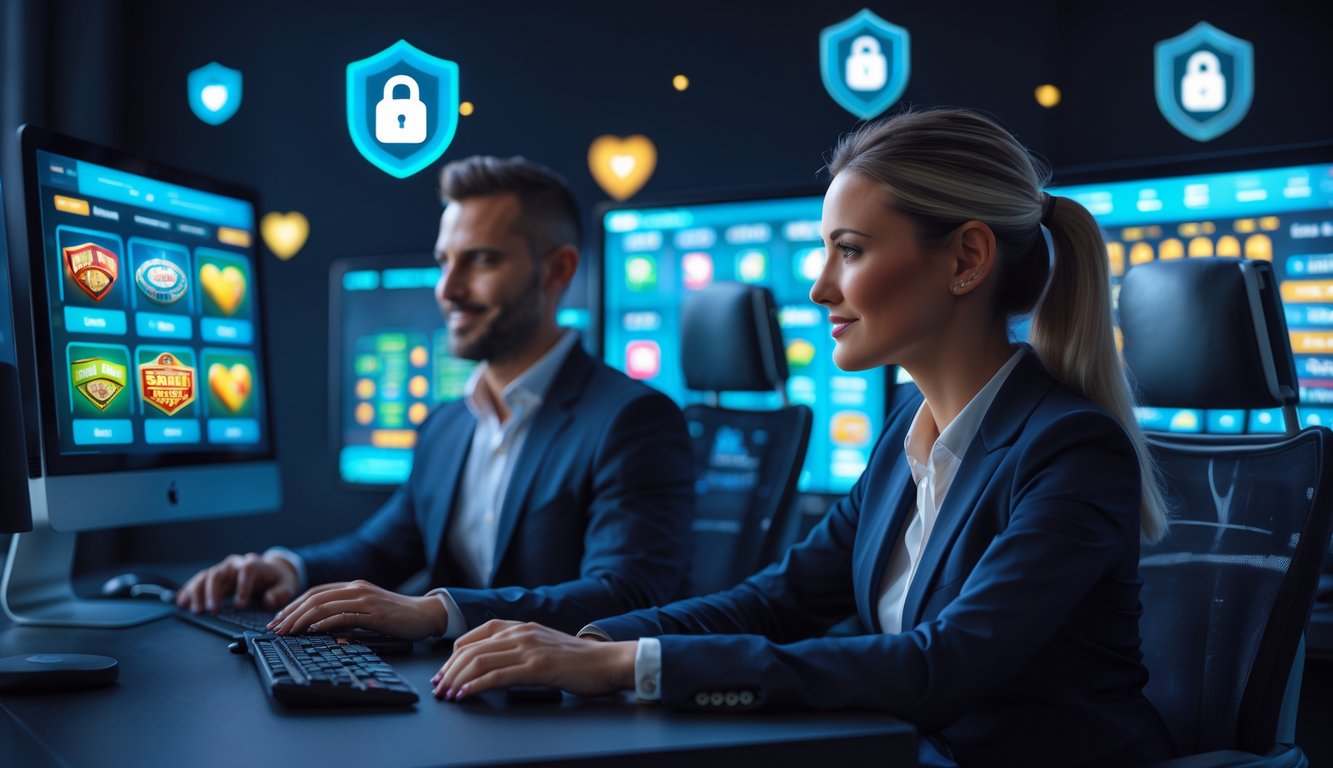 Seorang pria dan wanita duduk di depan komputer dengan tampilan permainan kasino dan simbol keamanan di latar belakang.