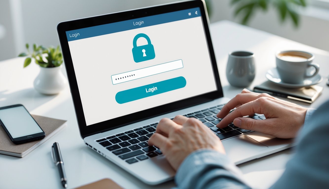 Tangan seseorang sedang mengetik di laptop dengan layar login digital di atas meja kerja yang rapi.