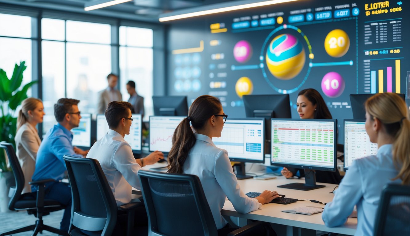 Orang-orang di kantor modern sedang menganalisis angka dan grafik terkait togel dengan suasana fokus dan bersemangat.