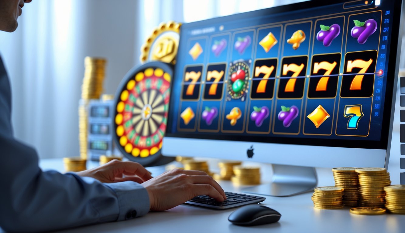 Seorang pemain sedang menggunakan komputer dengan layar menampilkan permainan slot berwarna-warni dan simbol keberuntungan di sekitar meja.