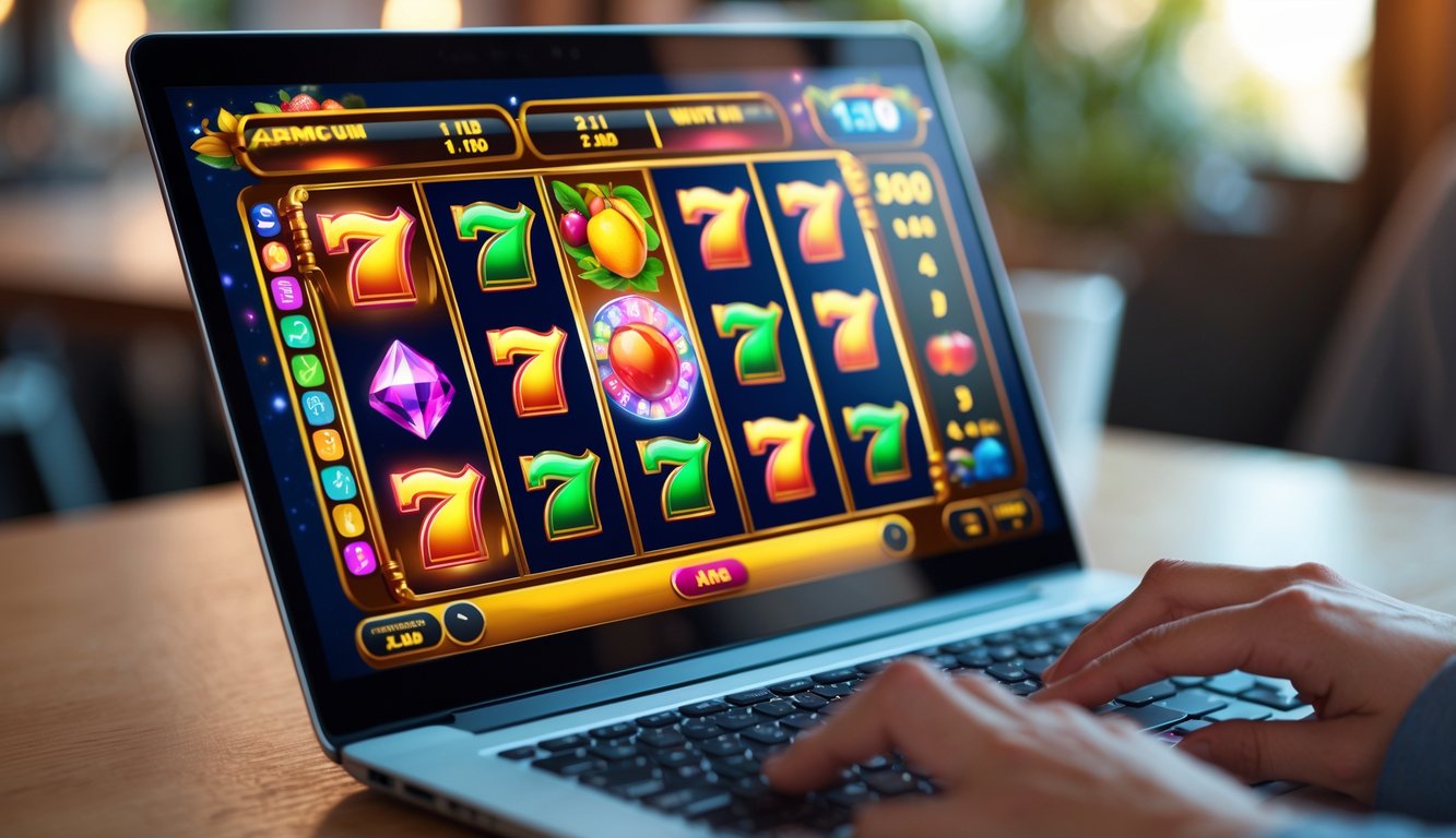 Seseorang menggunakan komputer dengan permainan slot online yang berwarna-warni di layar.