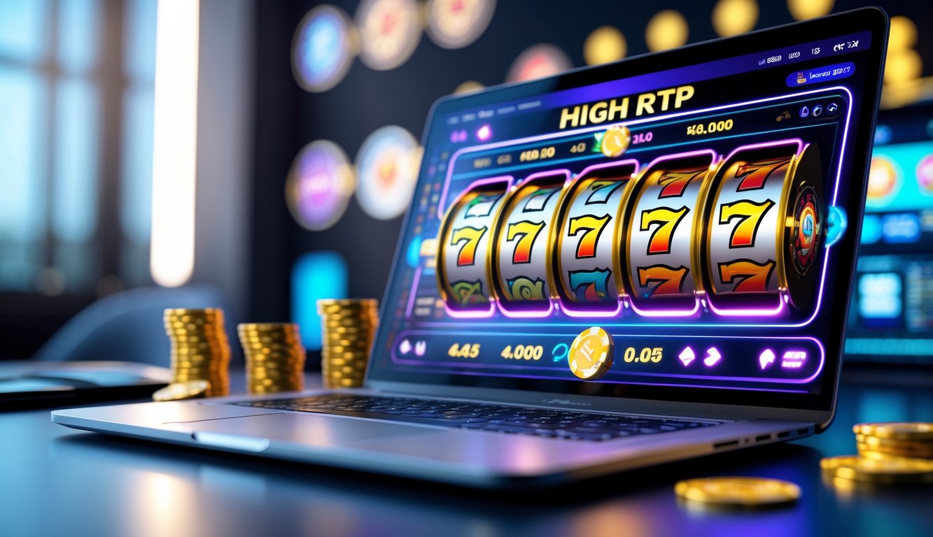 Antarmuka kasino online modern pada layar laptop dengan grafik mesin slot yang cerah dan berputar, di meja kerja yang rapi dengan elemen teknologi dan permainan.