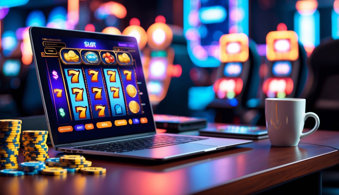 Seorang pengguna sedang bermain permainan slot online di laptop dan ponsel di atas meja kayu dengan suasana modern dan nyaman.