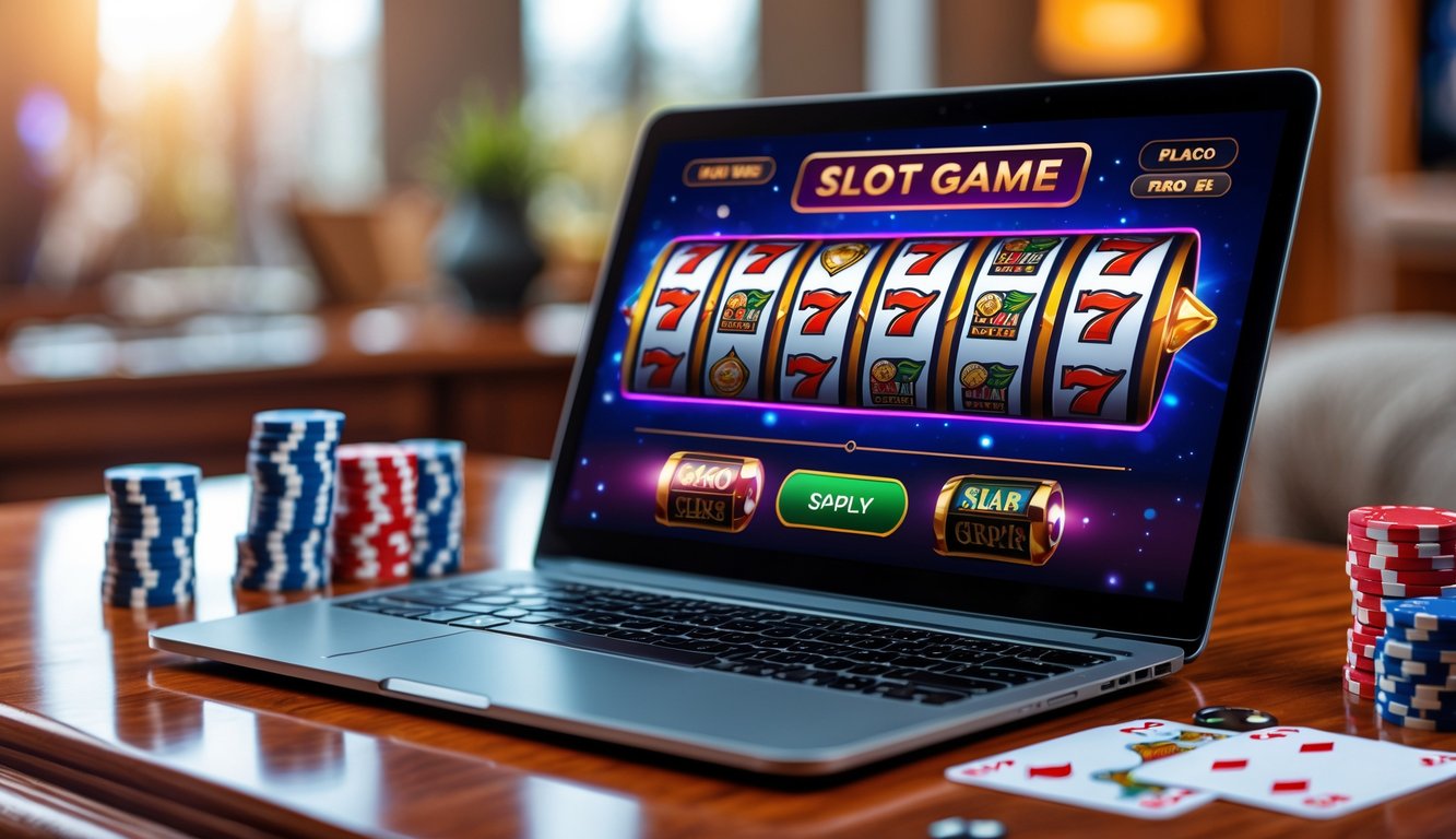 Sebuah laptop di atas meja kayu dengan layar menampilkan permainan slot online, dikelilingi oleh chip poker dan kartu remi, di ruangan yang nyaman dan terang.