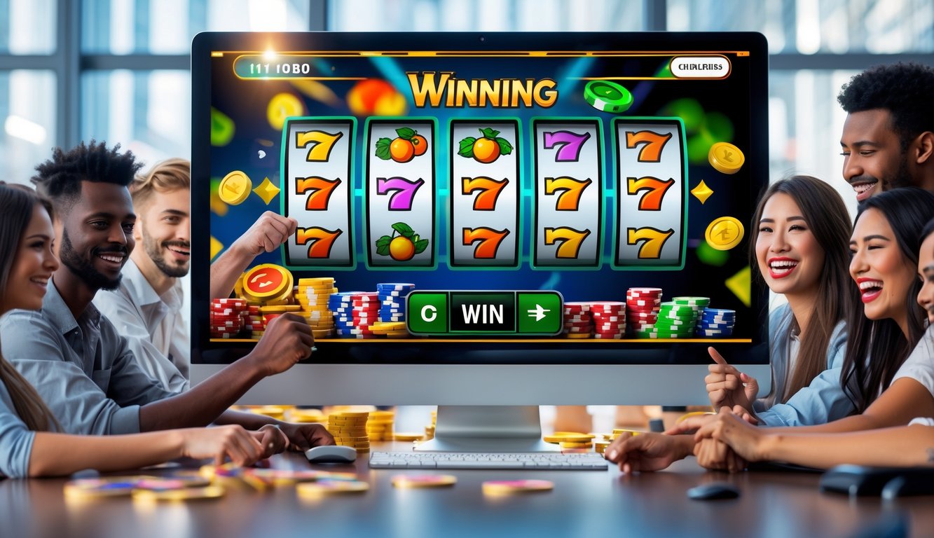 Sekelompok orang muda yang bahagia sedang melihat layar komputer dengan permainan slot online yang menunjukkan kemenangan.