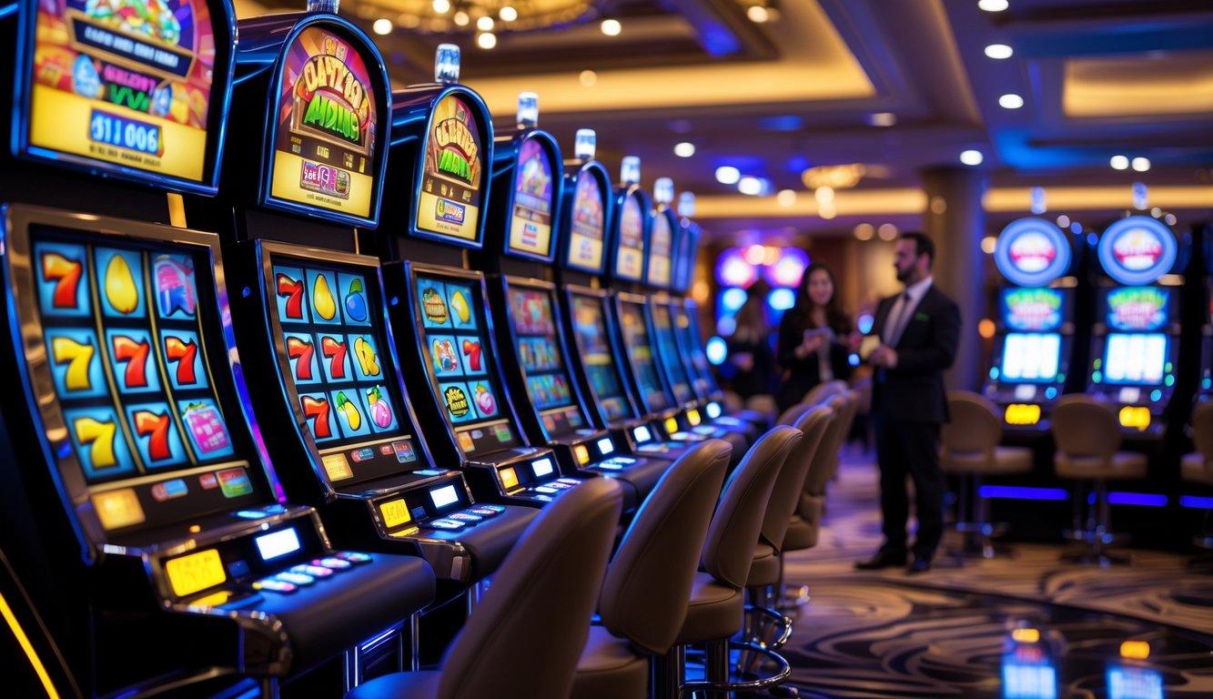 Suasana kasino modern dengan deretan mesin slot yang menyala dan beberapa orang bermain dengan ekspresi senang.