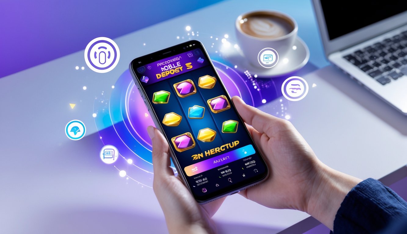 Seseorang memegang ponsel yang menampilkan permainan slot online dengan ikon pembayaran pulsa di latar belakang teknologi.