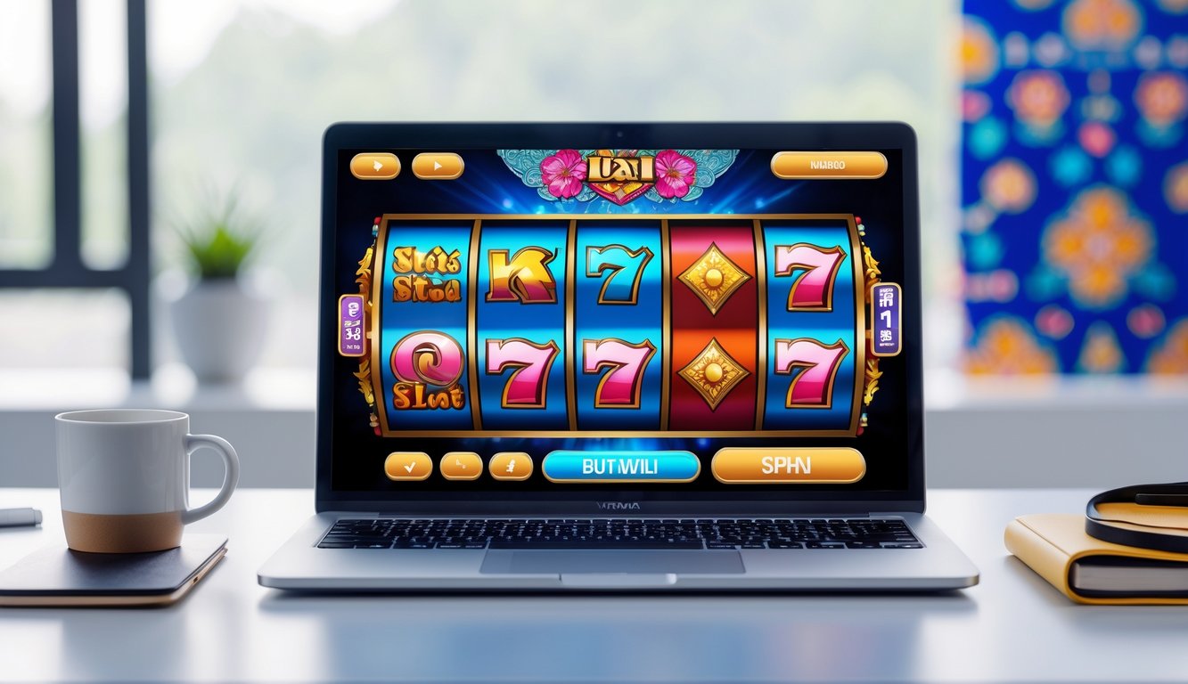 Seorang pengguna sedang bermain permainan slot online di komputer dengan latar belakang pola batik dan suasana ruang kerja yang rapi.