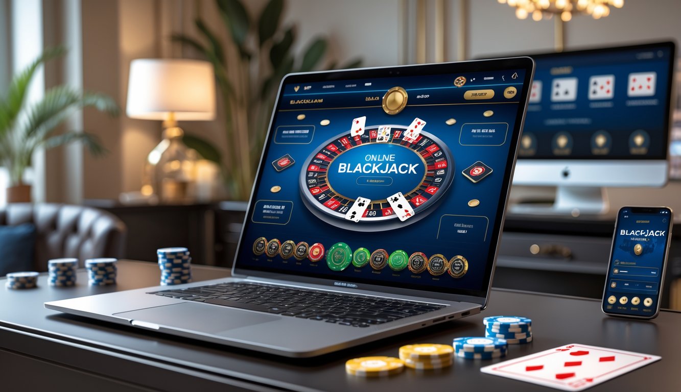 Seorang pria duduk di depan komputer dengan permainan blackjack online terlihat di layar, di meja terdapat kartu dan chip poker.