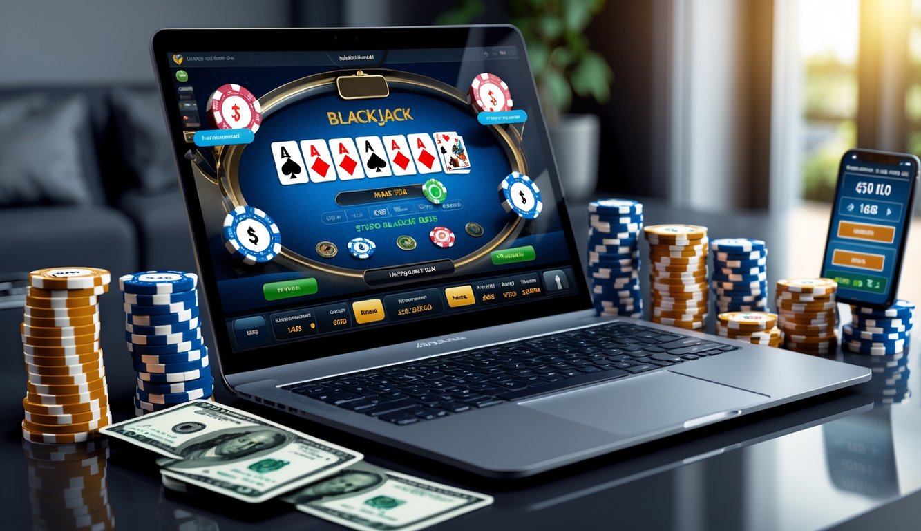 Seseorang bermain blackjack online dengan kartu dan chip di depan laptop di lingkungan rumah atau kantor.