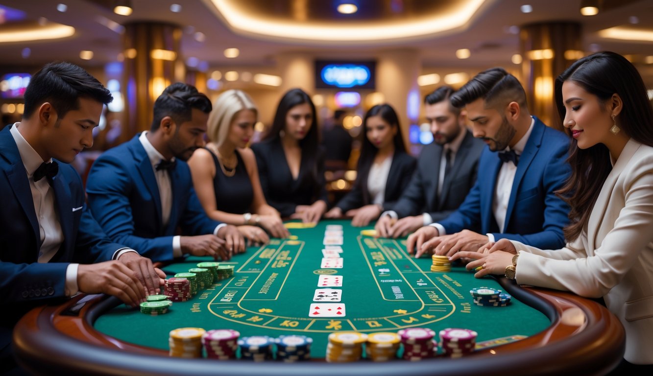 Meja blackjack kasino modern dengan kartu dan chip poker, pemain berpakaian rapi sedang fokus bermain.