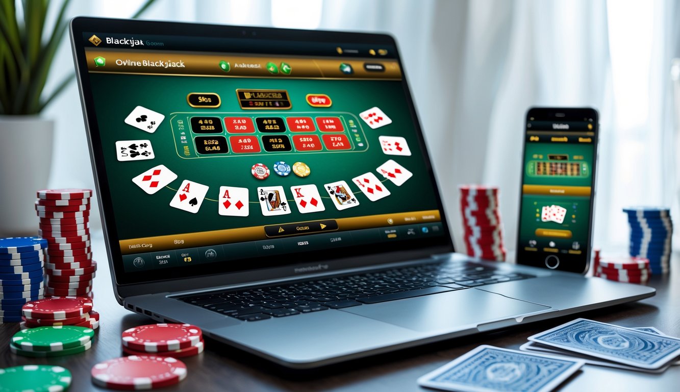 Seorang pemain menggunakan laptop dan smartphone untuk bermain blackjack online dengan kartu dan chip poker di atas meja.