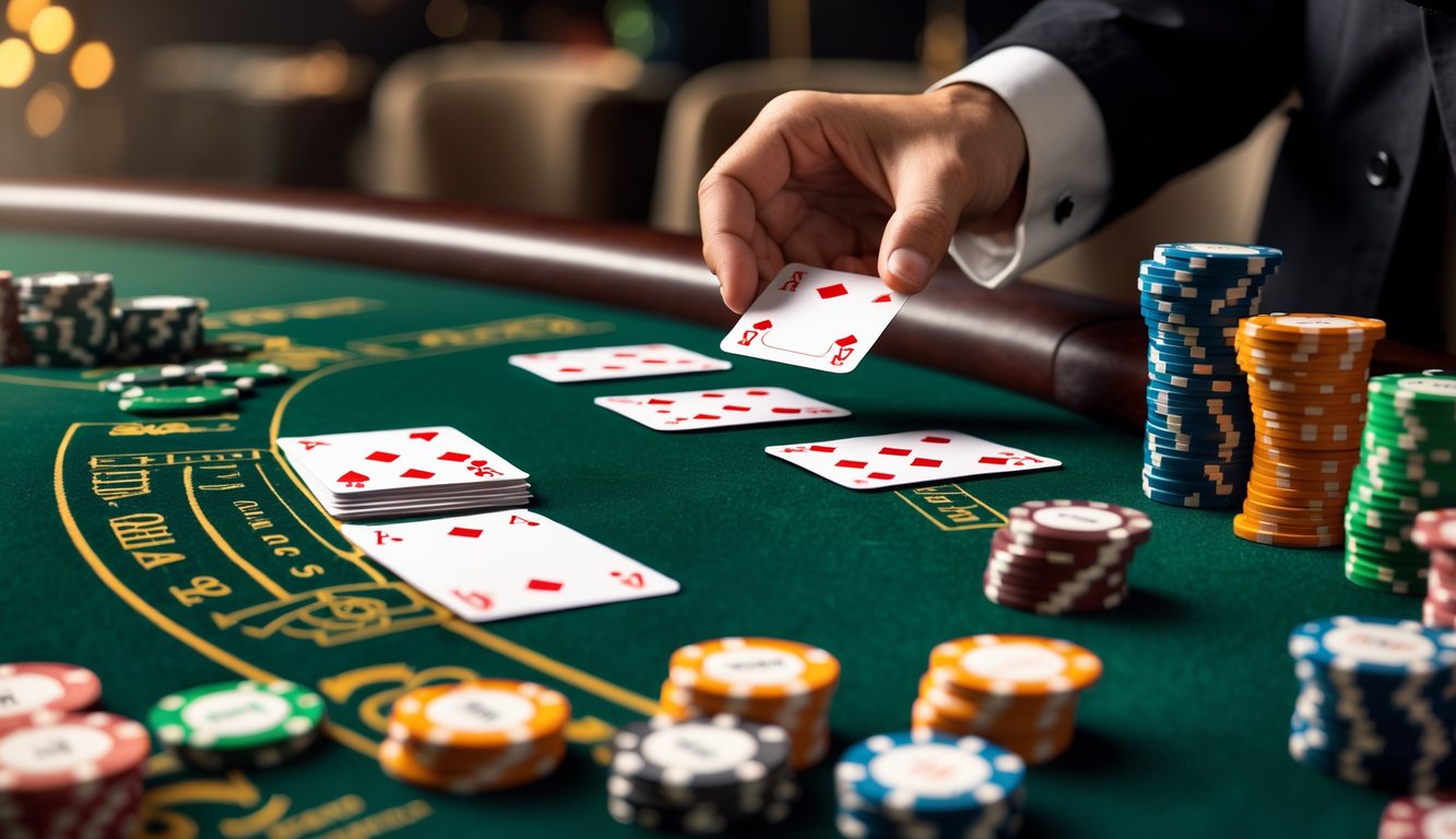 Meja blackjack di kasino dengan kartu dan chip poker yang tertata rapi, suasana elegan dan pencahayaan terang.