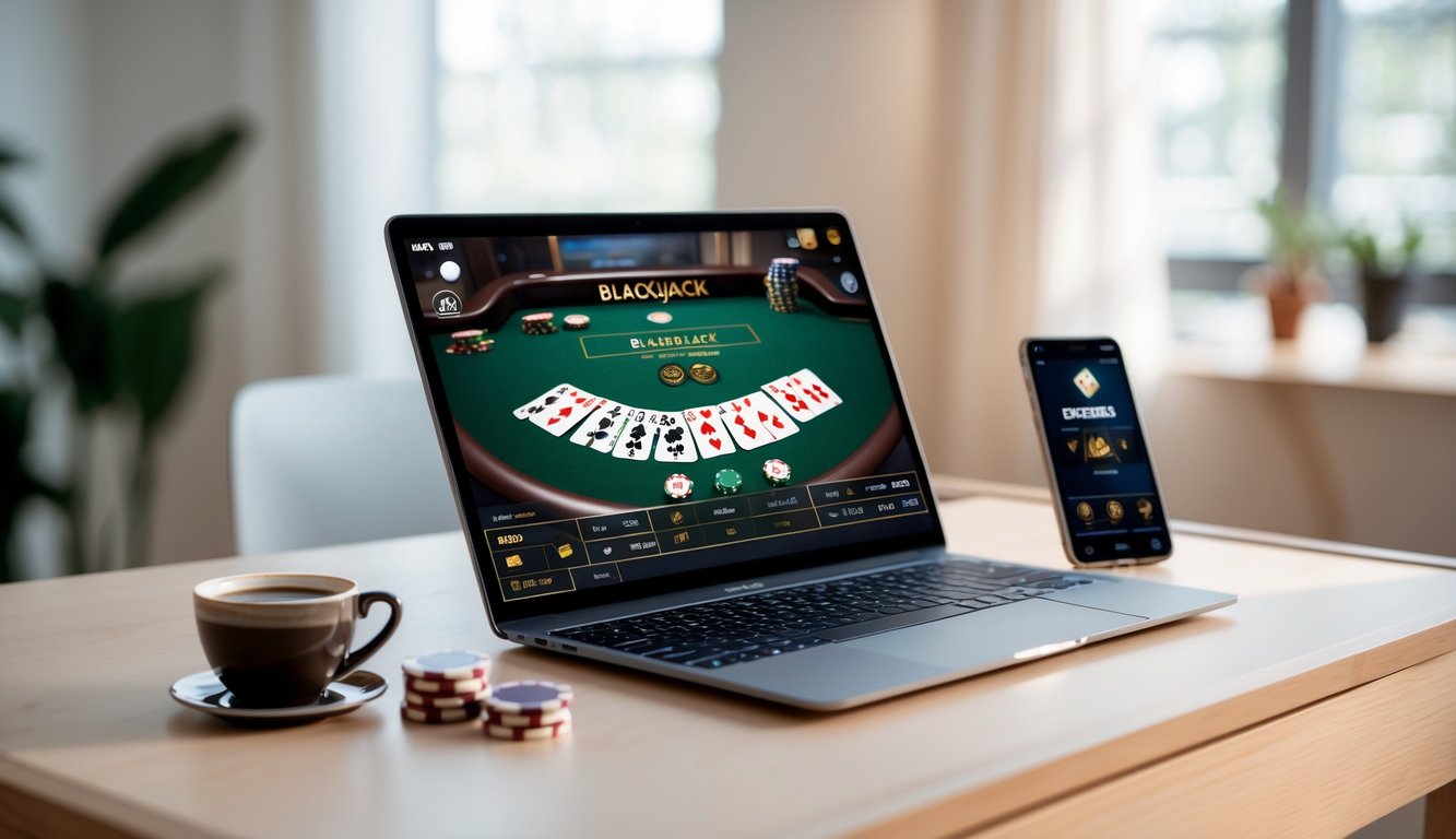Seorang pemain sedang bermain blackjack online menggunakan laptop di meja kayu dengan kartu dan chip terlihat di layar.