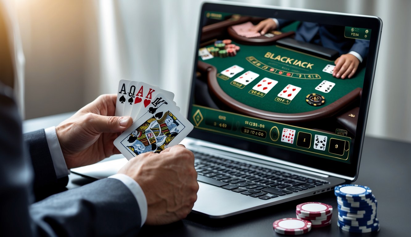 Seorang pemain memegang kartu di depan laptop yang menampilkan permainan blackjack online dengan tumpukan chip di meja.