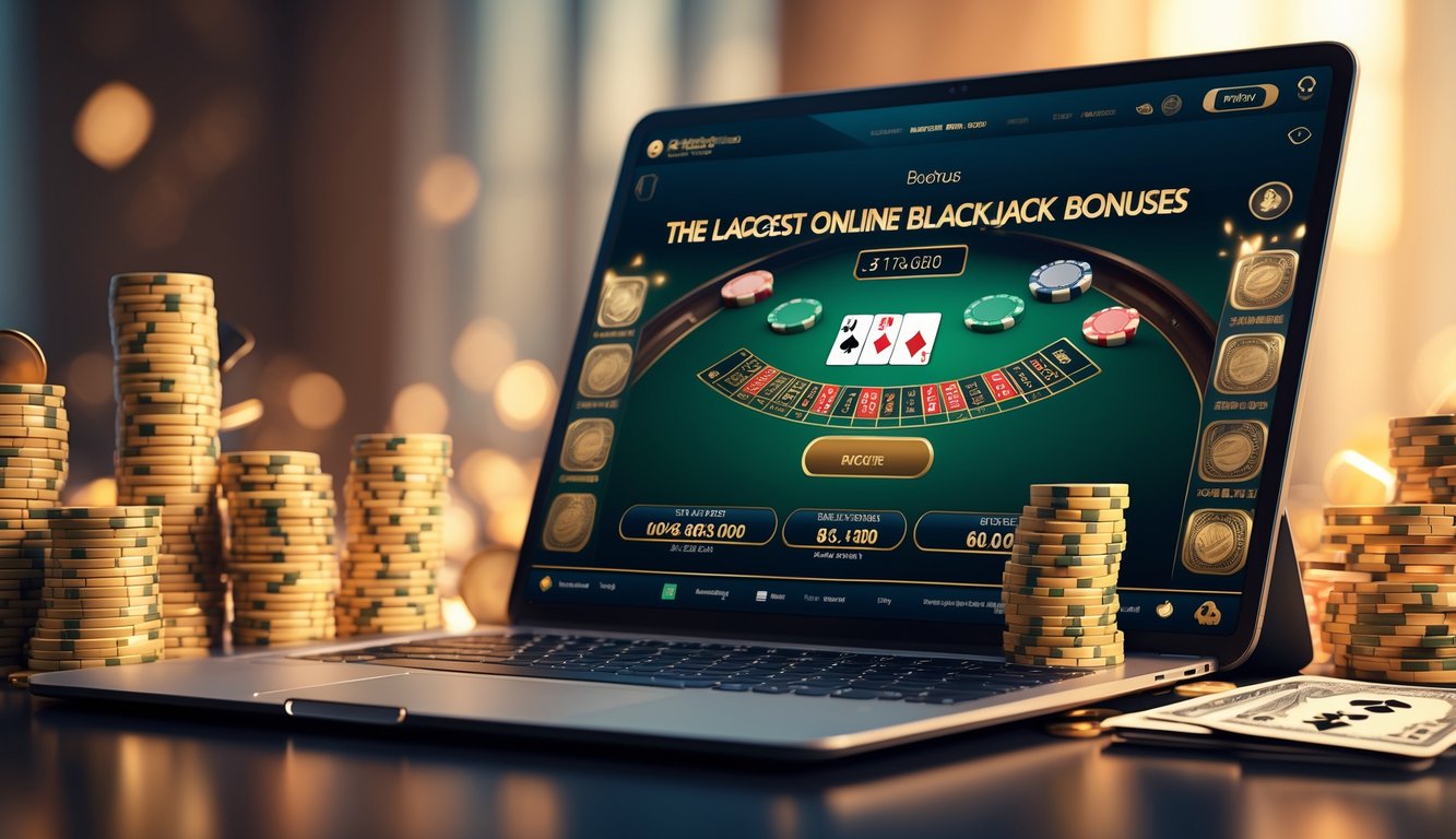Sebuah laptop menampilkan permainan blackjack online dengan kartu, chip, dan tumpukan chip di sekitarnya.