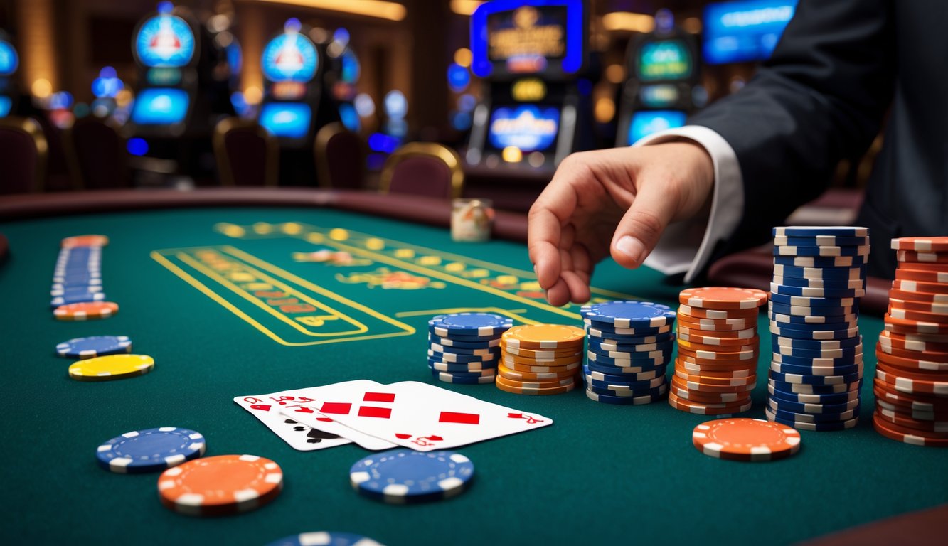 Meja blackjack di kasino dengan kartu dan chip poker berwarna-warni, dealer sedang membagikan kartu.