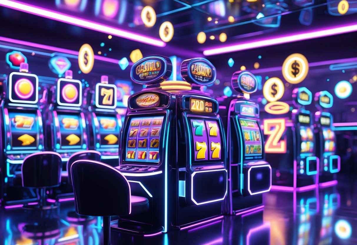 Ruangan mesin slot futuristik dengan lampu warna-warni dan layar digital yang menampilkan ikon permainan yang berputar.