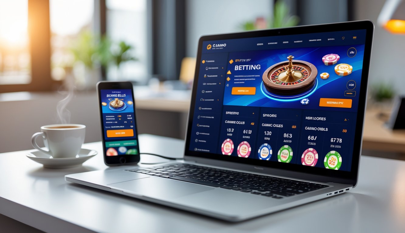 Laptop dan ponsel menampilkan antarmuka situs judi online di atas meja kerja dengan pencahayaan alami dan dekorasi minimalis.