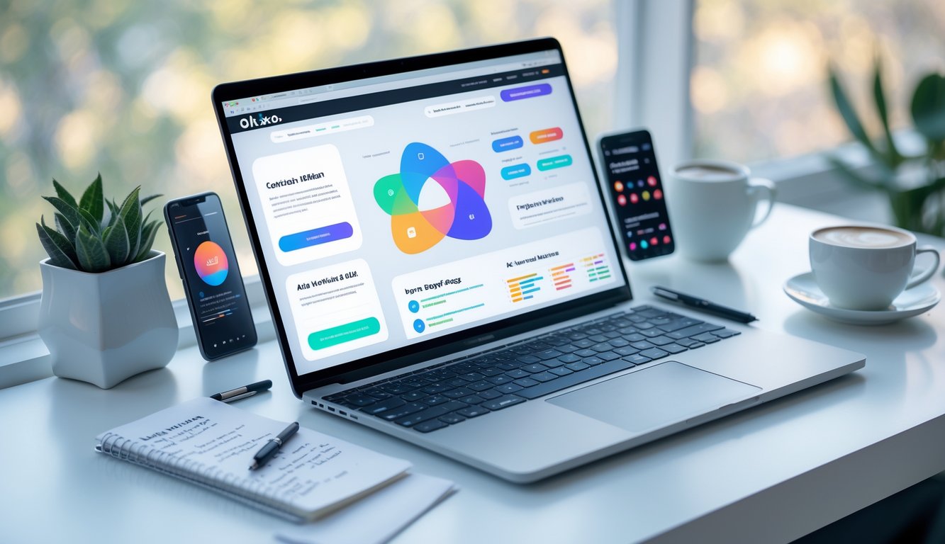 Meja kerja dengan laptop yang menampilkan antarmuka situs web OLXTOTO, dikelilingi oleh smartphone, buku catatan, dan cangkir kopi.