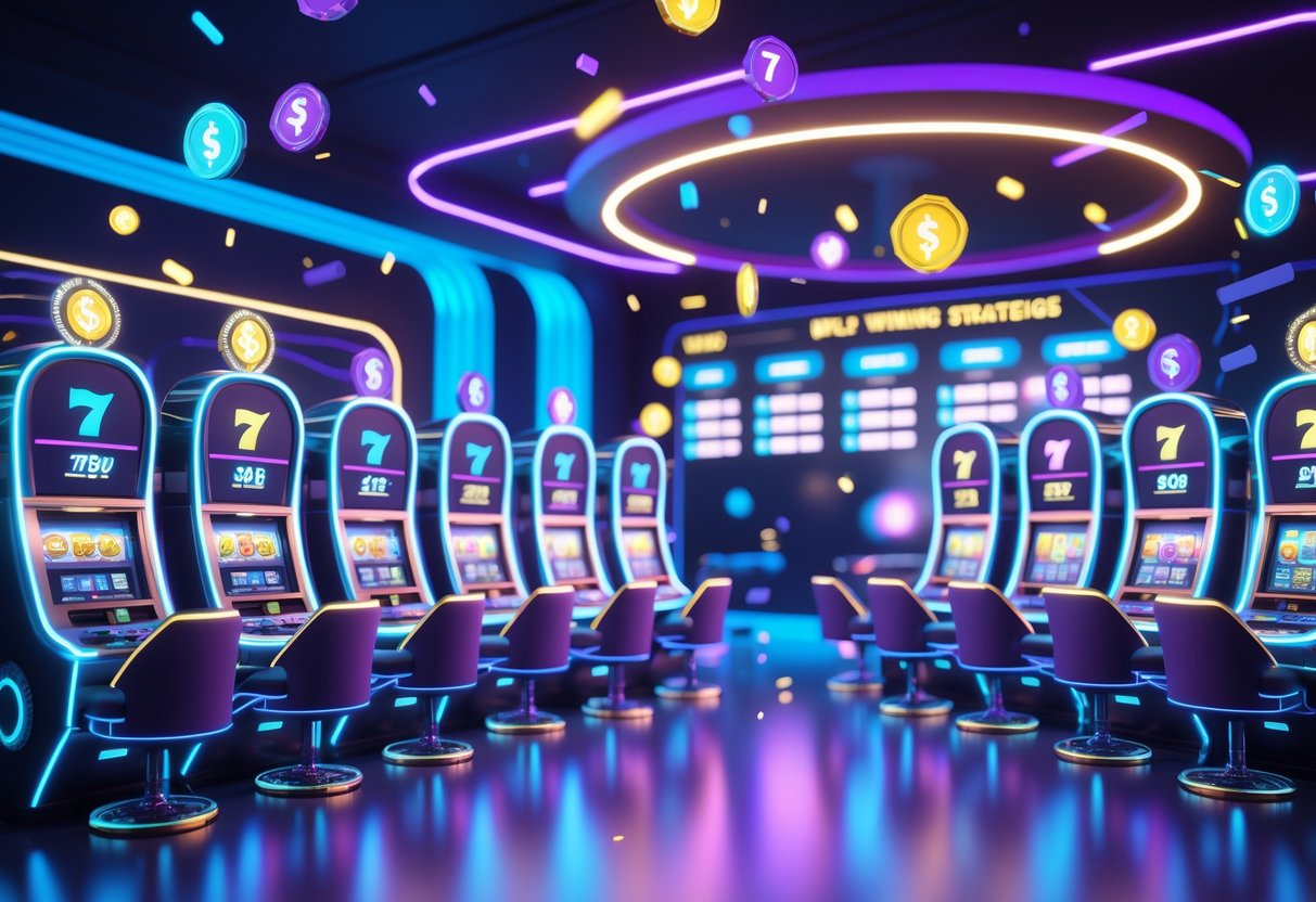 Ruangan kasino dengan beberapa mesin slot futuristik yang menyala dan berwarna cerah, menampilkan suasana kemenangan dan keberuntungan.