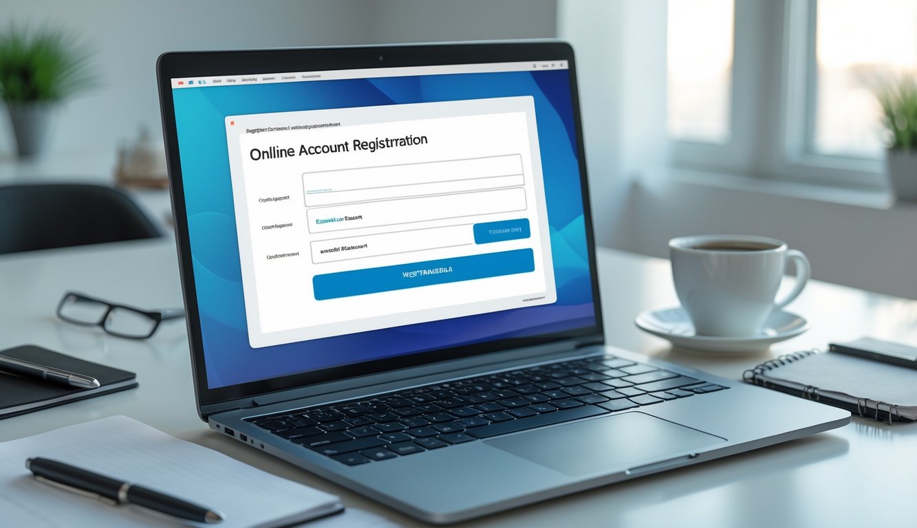 Meja kerja modern dengan laptop dan ponsel yang menampilkan formulir pendaftaran akun online.