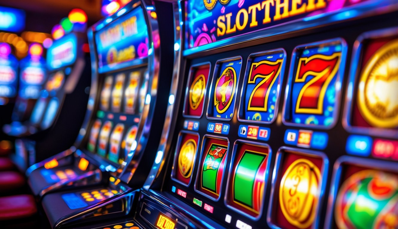 Mesin slot modern dengan gulungan berwarna-warni yang sedang berputar di suasana kasino yang ramai dan penuh semangat.