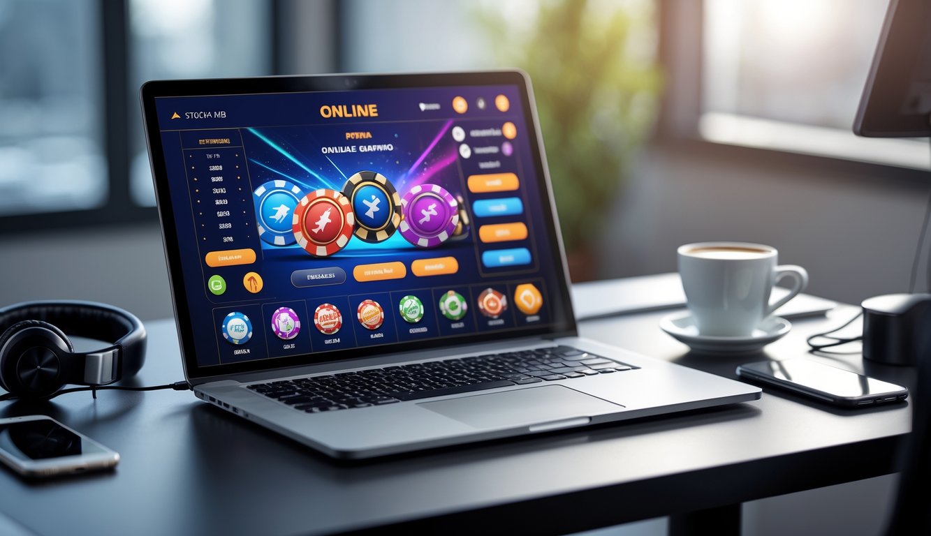 Sebuah ruang kerja modern dengan laptop yang menampilkan antarmuka taruhan online, ponsel, headphone, dan cangkir kopi di atas meja yang rapi.