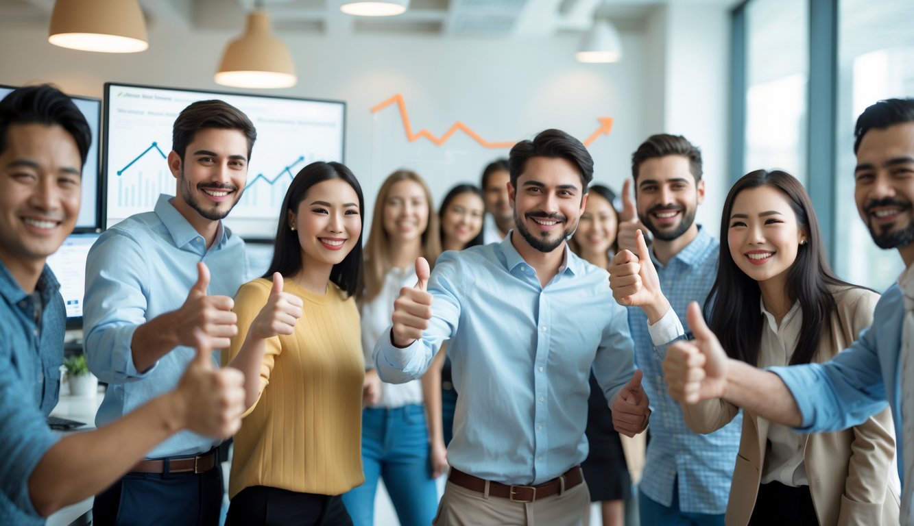 Sekelompok orang muda tersenyum dan memberi jempol di kantor modern yang terang dan bersih.