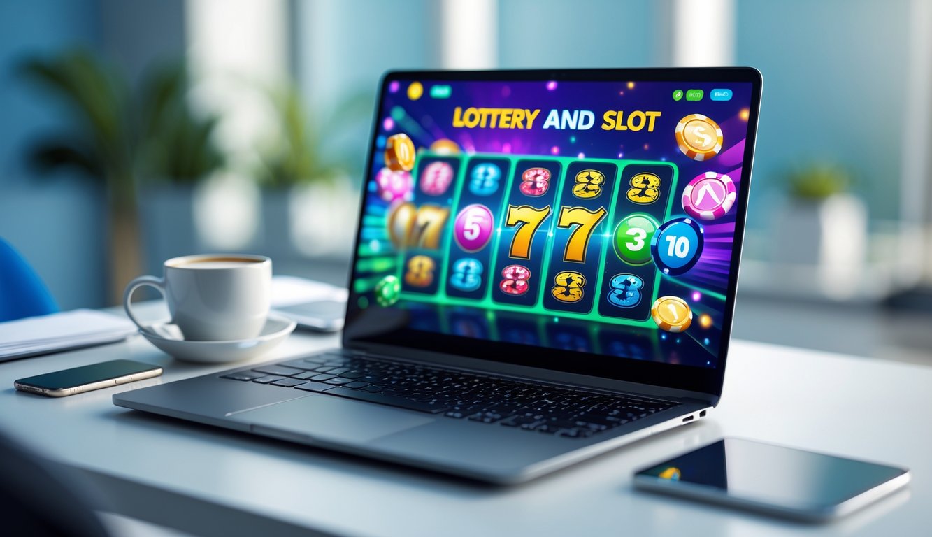 Seorang pengguna sedang menggunakan laptop di meja kerja dengan tampilan layar yang menampilkan permainan togel dan slot online.