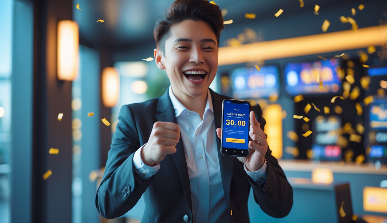 Seseorang yang bahagia merayakan kemenangan jackpot dengan memegang ponsel di lingkungan modern yang cerah.