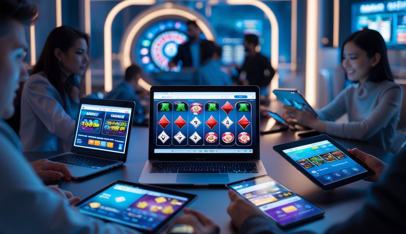 Orang-orang menggunakan perangkat digital untuk bermain permainan judi online di lingkungan modern dan futuristik.