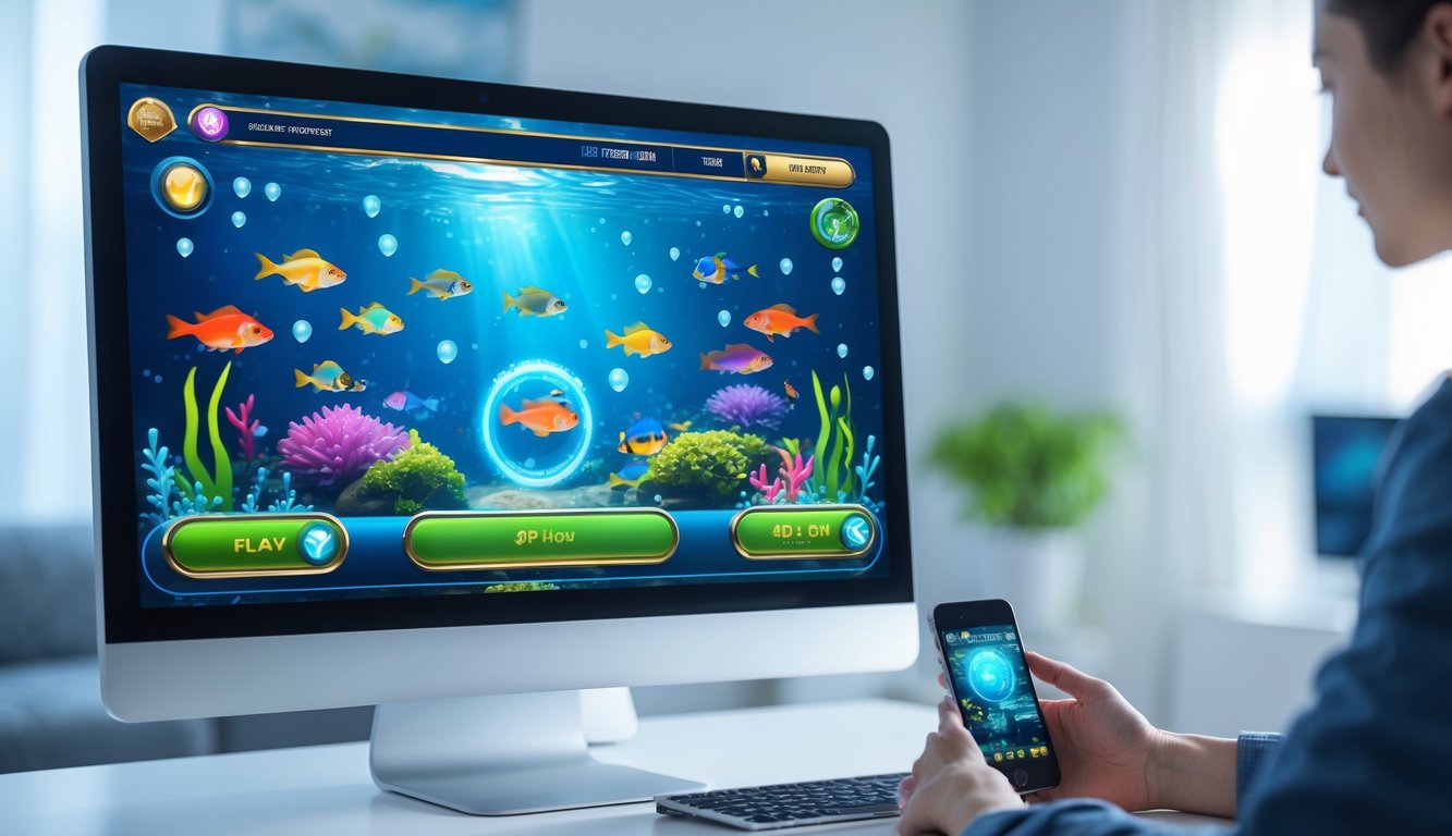 Tampilan layar komputer dan ponsel dengan permainan ikan digital berwarna-warni di meja kerja yang rapi.