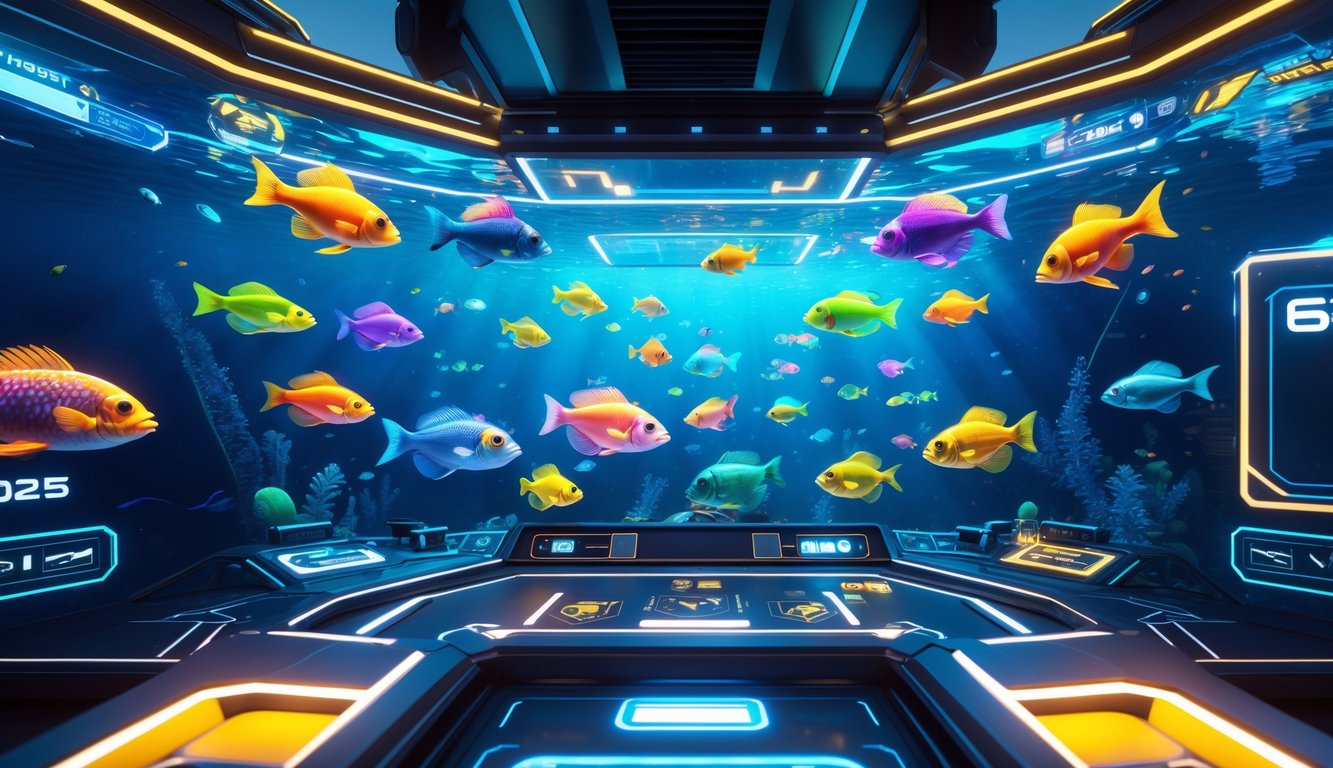 Pemandangan bawah laut dengan ikan-ikan berwarna-warni yang bergerak di latar belakang biru, menampilkan suasana permainan tembak ikan modern.
