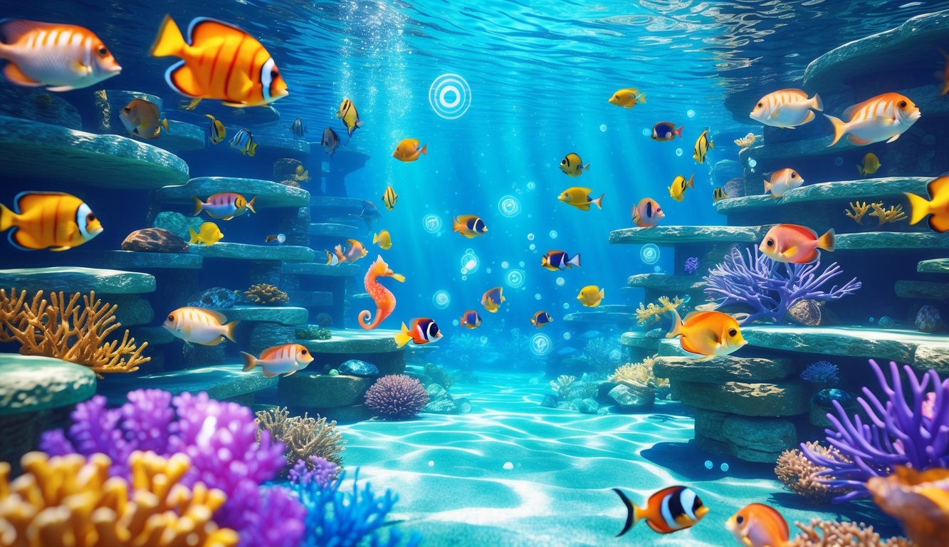 Pemandangan bawah laut yang penuh warna dengan terumbu karang dan berbagai ikan tropis berenang di air jernih.